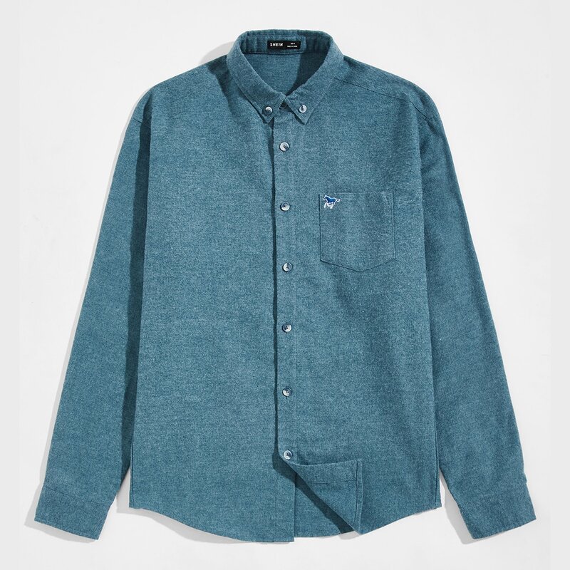 

Guys Animal Embroidery Button Front Shirt, Teal blue