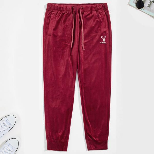 

Men Animal & Letter Embroidery Drawstring Velvet Pants, Burgundy