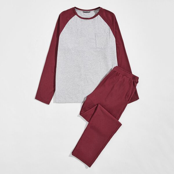 

Men Pocket Front Tee & Slant Pocket Pants Set, Burgundy