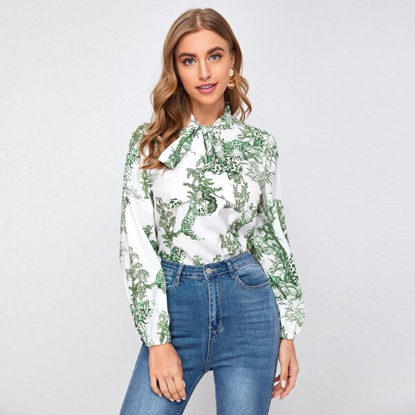

Tiger & Tree Print Tie Neck Top, Multicolor