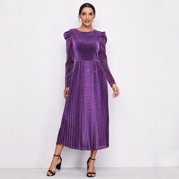 

Блестящее платье со складками и пышными рукавами, Пурпурный