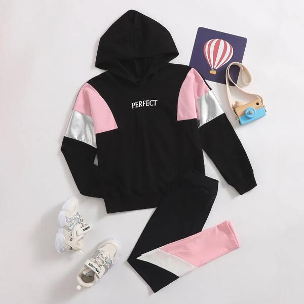 

Girls Letter Graphic Colorblock Hoodie & Leggings Set, Multicolor
