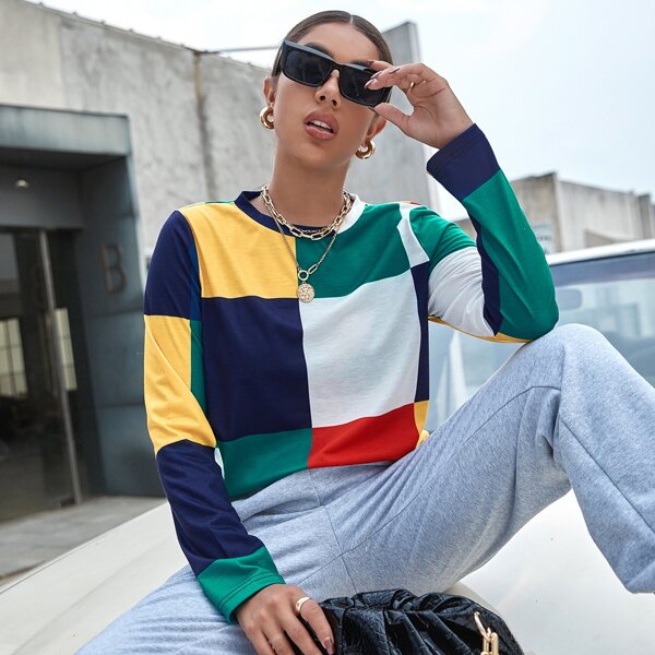 

Round Neck Contrast Panel Tee, Multicolor
