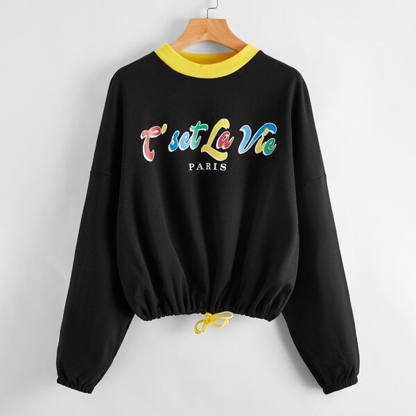 

Plus Letter Graphic Drawstring Hem Pullover, Black