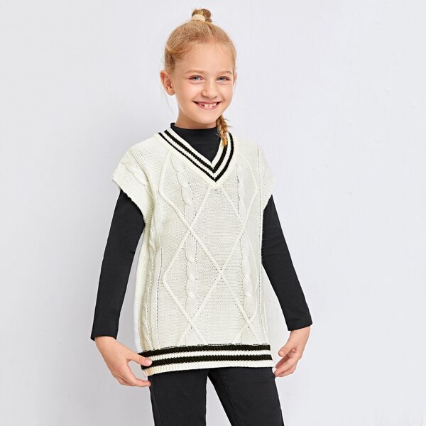 

Girls Striped Trim Fitted Sweater, Black and white