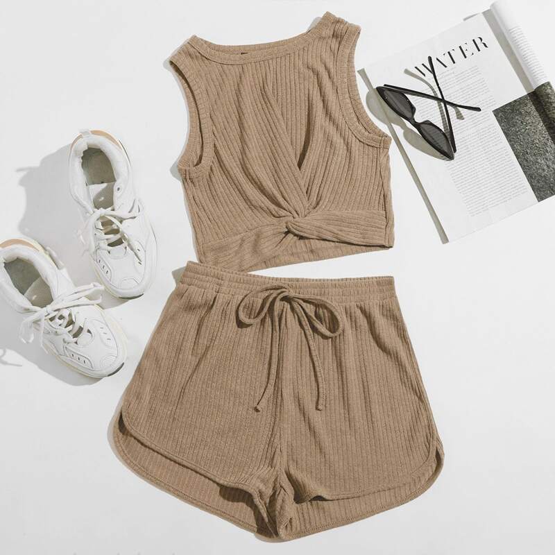 

Twist Front Rib-knit Tank Top & Drawstring Track Shorts Set, Brown