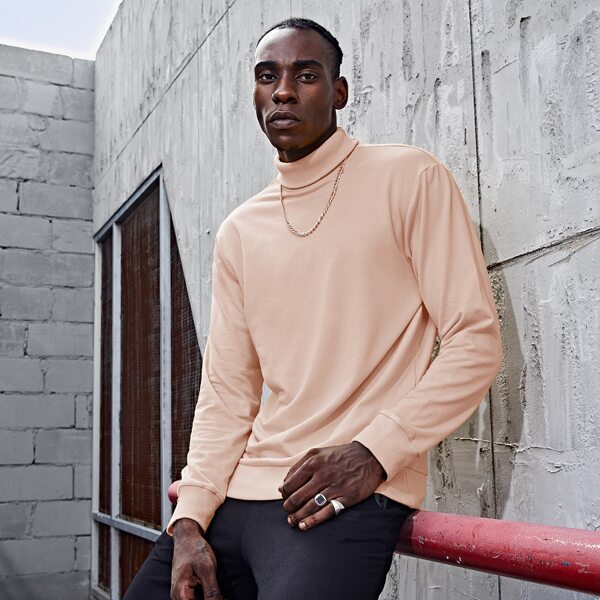 

Men Rolled Neck Solid Pullover, Baby pink