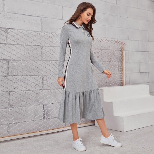 

Letter Embroidery Side Straped Ruffle Hem Dress, Grey