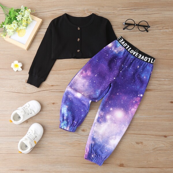 

Toddler Girls Rib-Knit Button Top With Letter Tape Sweatpants, Multicolor