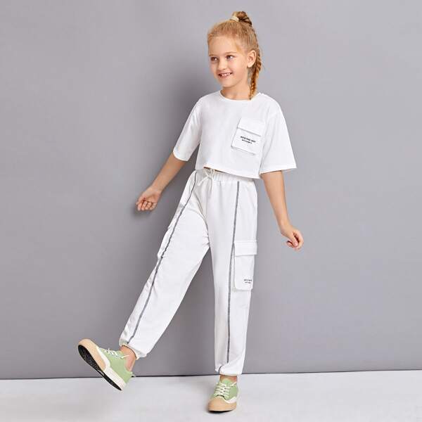 

Girls Slogan Graphic Flap Pocket Tee & Sweatpants Set, White