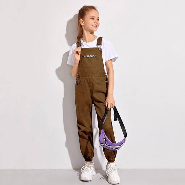 

Girls Slogan Graphic Pocket Front Overall Jumpsuit, Mocha brown