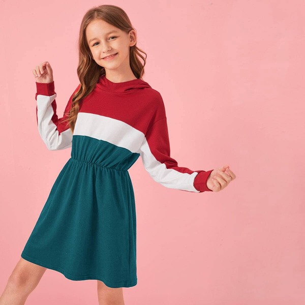 

Girls Color Block Drop Shoulder Hooded Sweatshirt Dress, Multicolor