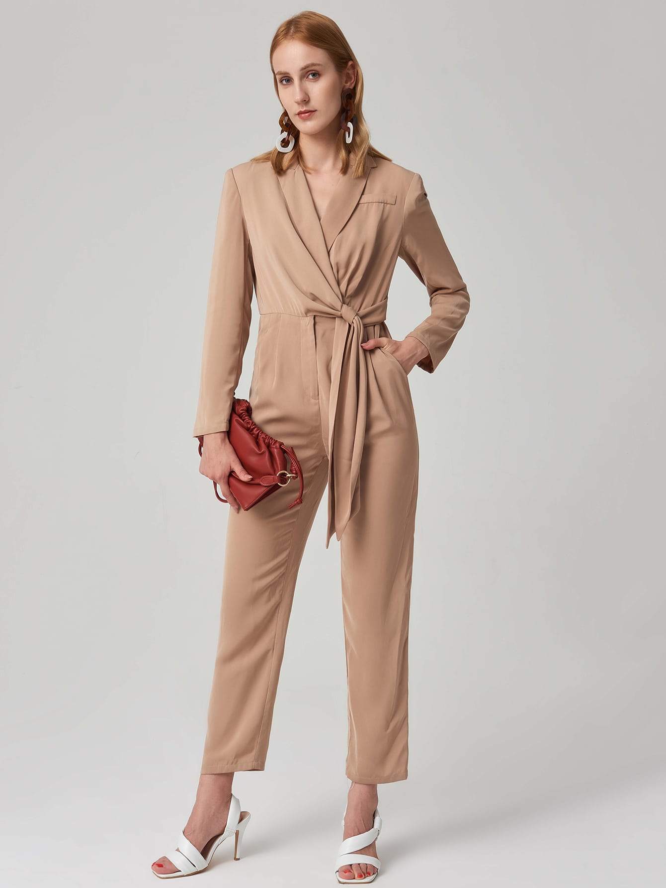 Peak Collar Wrap Knot Solid Jumpsuit thumbnail