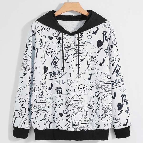 

Men Allover Print Kangaroo Pocket Drawstring Hoodie, Black and white