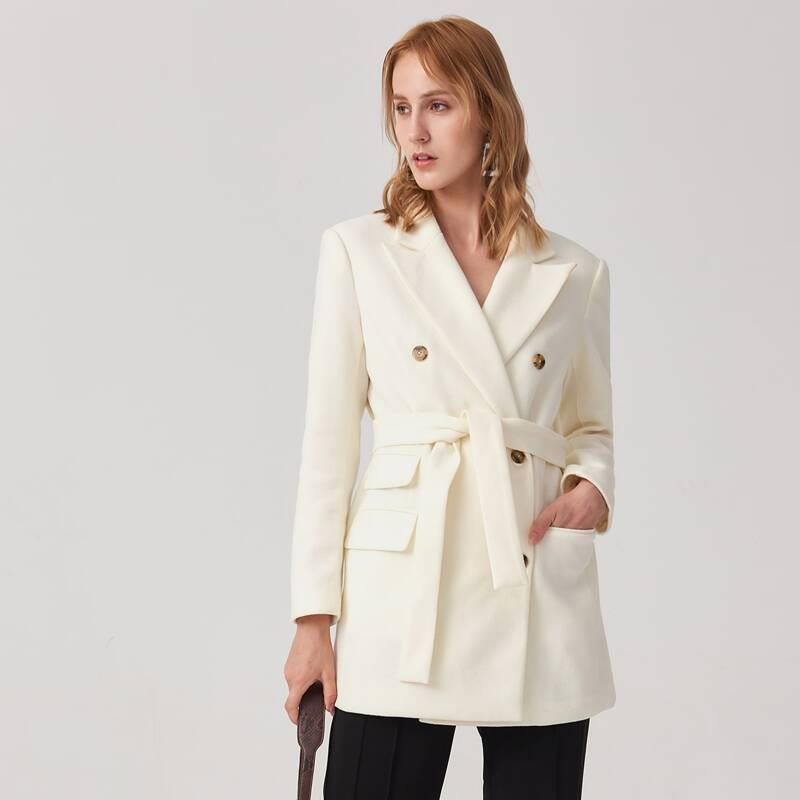 

Double Button Belted Longline Blazer, Beige