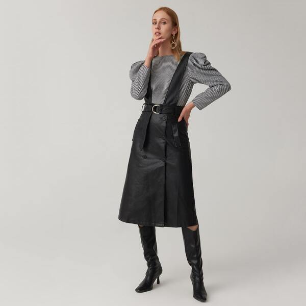 

Slant Pocket Buckle Belted PU Overall Dress, Black