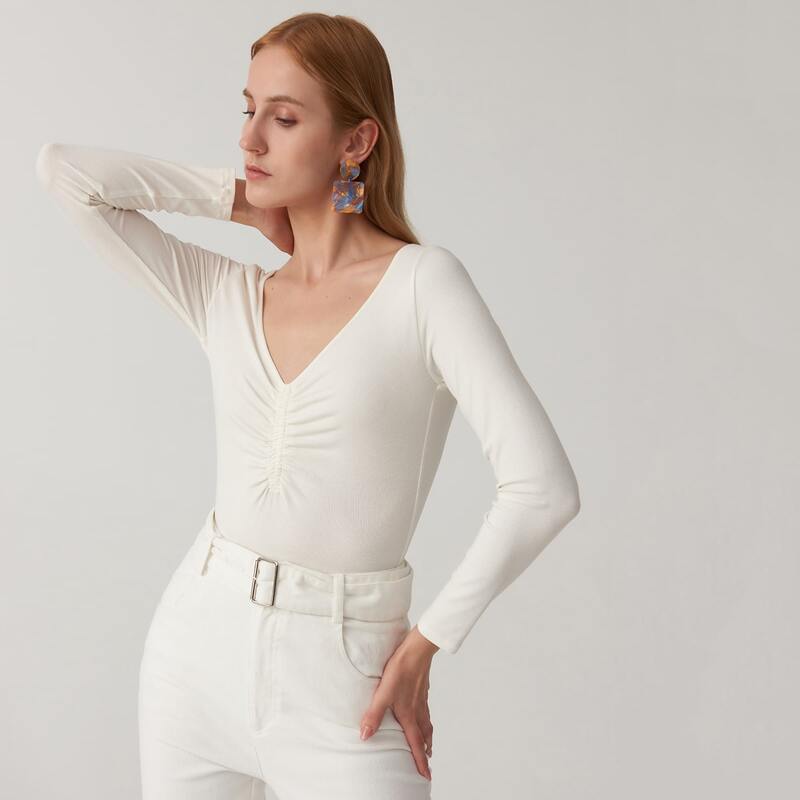 

V-neck Ruched Detail Rib-knit Bodysuit, White