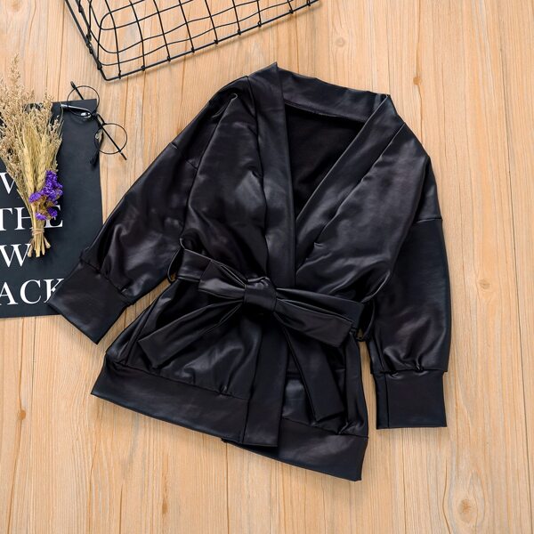 

Toddler Girls PU Leather Self Tie Jacket, Black