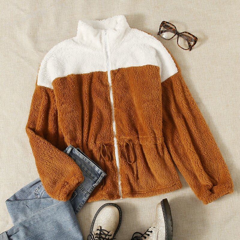 

Color Block Drawstring Waist Zip Up Teddy Jacket, Multicolor