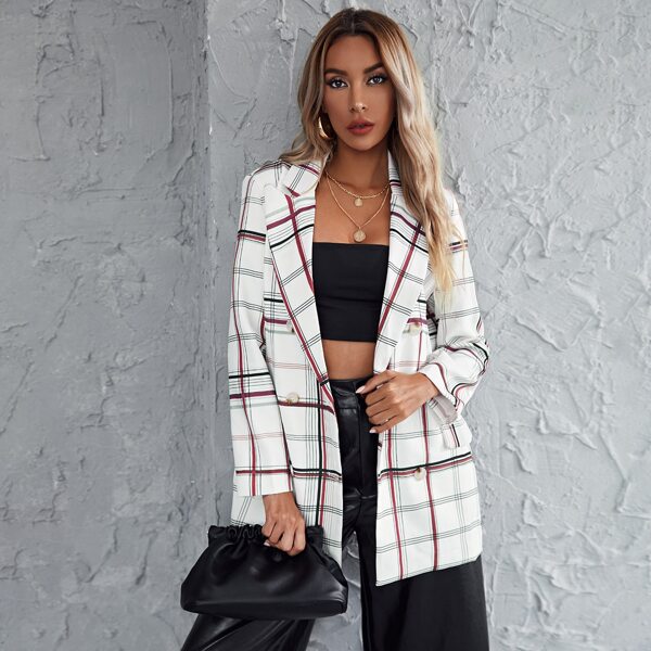 

Plaid Double Breasted Lapel Collar Blazer, White