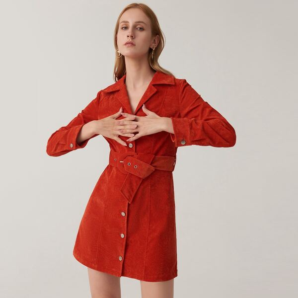 

Button Front Buckle Belted Corduroy Dress, Burnt orange