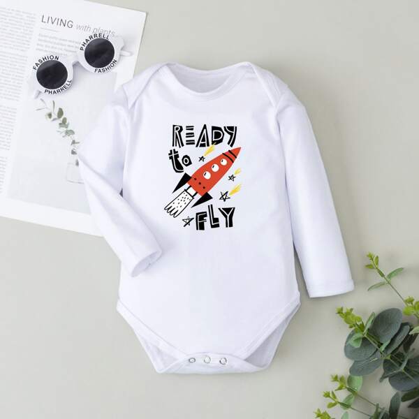 

Baby Boy Cartoon Rocket And Slogan Print Bodysuit, White