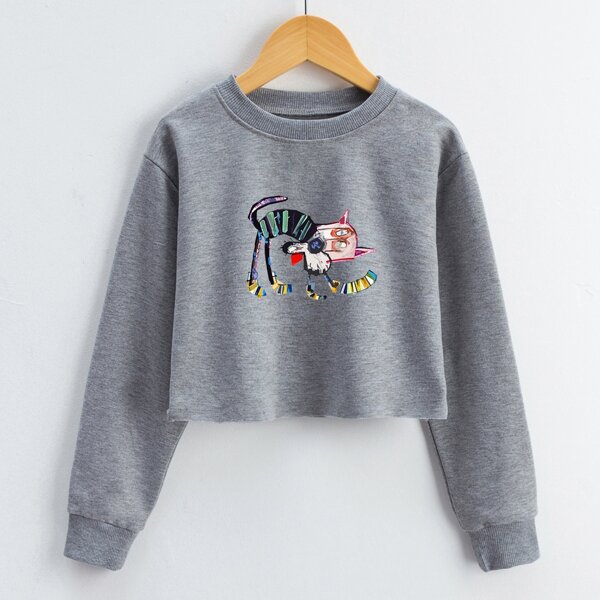 

Girls Cartoon Graphic Crop Sweatshirt, Grey