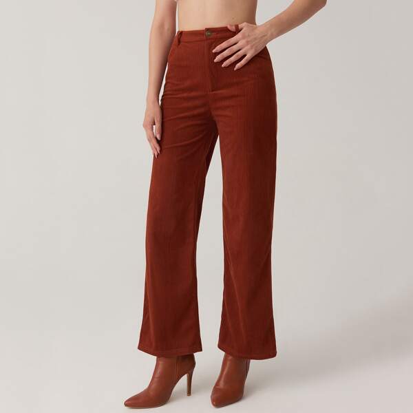 

Zipper Fly Solid Cord Palazzo Pants, Rust brown