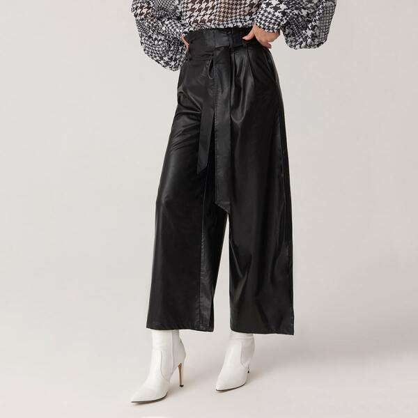 

Paperbag Waist Belted PU Leather Wide Leg Pants, Black