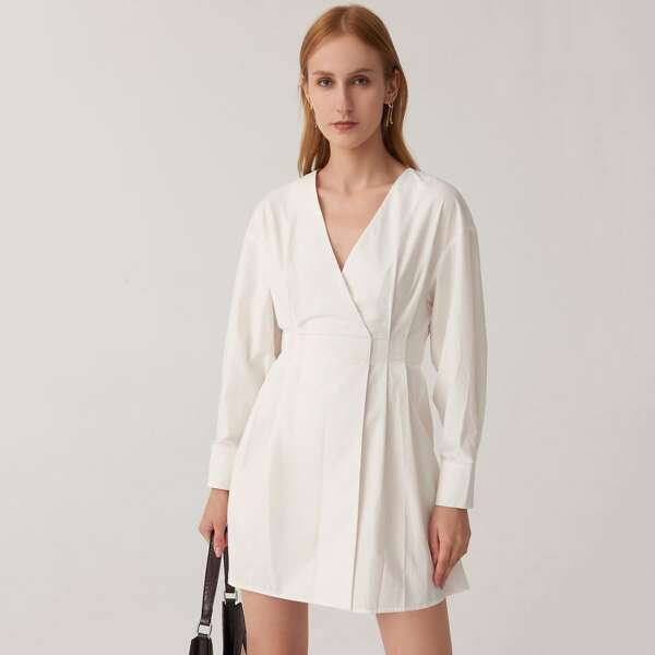 

Drop Shoulder Surplice Neck Fold Pleat Dress, White