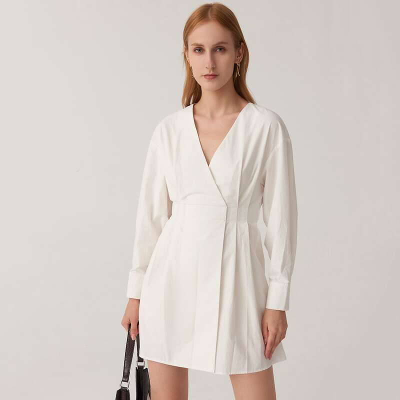 

Drop Shoulder Surplice Neck Fold Pleat Dress, White