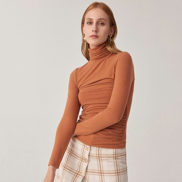 

Ruched High Neck Slim Tee, Brown
