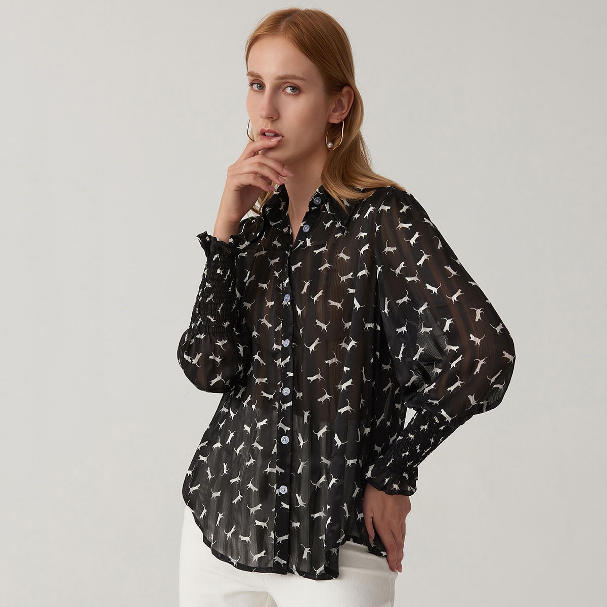 Image of Allover Animal Print Shirred Curved Hem Blouse