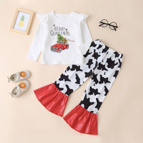 

Toddler Girls Christmas Letter & Car Print Ruffle Tee With Flared Pants, Multicolor