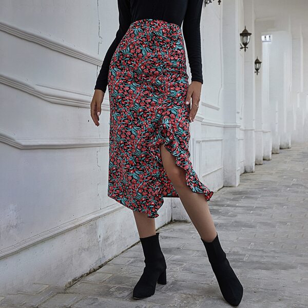 

Floral Print Ruffle Trim Asymmetrical Skirt, Multicolor