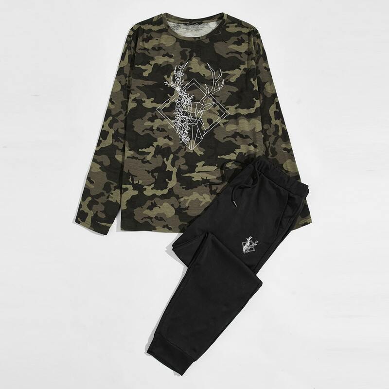 

Guys Graphic Print Camo Top & Sweatpants Set, Multicolor