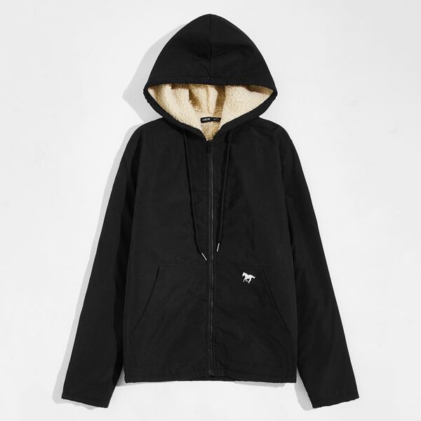 

Men Horse Embroidered Contrast Faux Shearling Hooded Jacket, Black