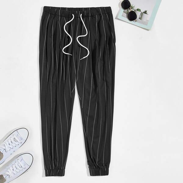

Men Drawstring Waist Striped Sweatpants, Black