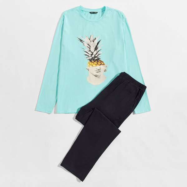 

Men Pineapple and Sculpture Print Top & Pants PJ Set, Multicolor