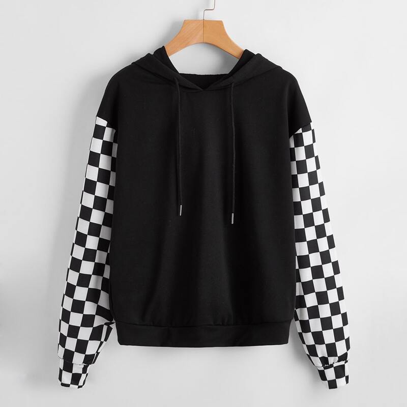 

Checkerboard Sleeve Hoodie, Black