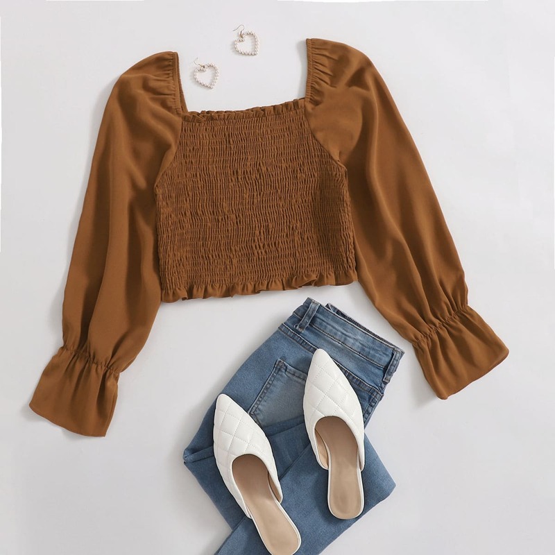 

Solid Shirred Flounce Sleeve Top, Brown