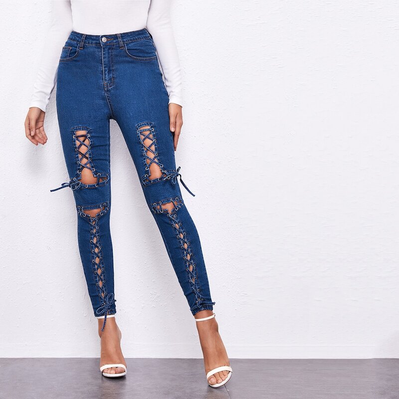 

High Waist Lace Up Skinny Jeans, Medium wash