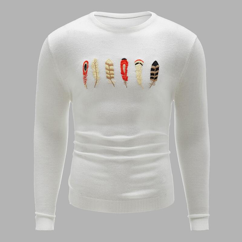 

Guys Embroidery Feather Sweater, White