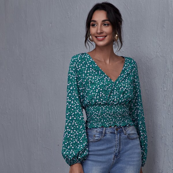 

Lantern Sleeve Shirred Hem Ditsy Floral Top, Teal blue