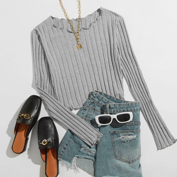 

Lettuce Trim Rib-knit Tee, Grey