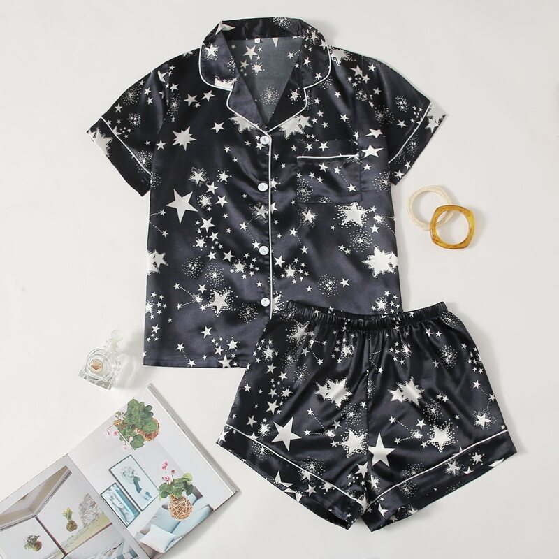 

Galaxy Print Satin Night Set, Black