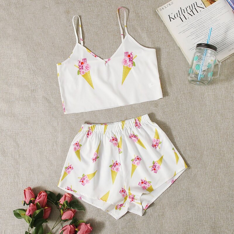 

Floral & Ice Cream Print Cami Top With Shorts Night Set, White