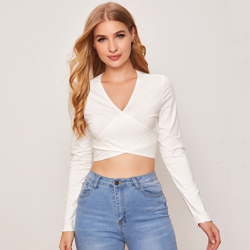 

Cross Wrap Front Tie Back Crop Top, White