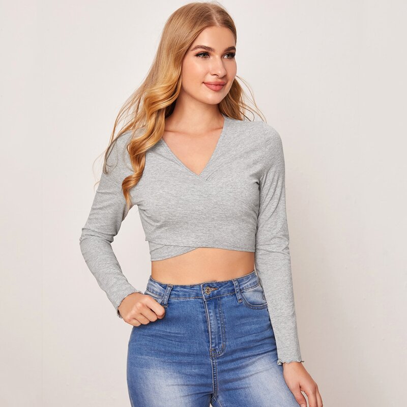 

Cross Wrap Front Tie Back Crop Top, Light grey