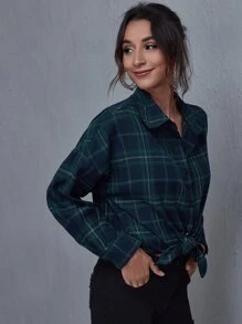 SHEIN 落肩格紋襯衫 - 彩色 - 查看 5